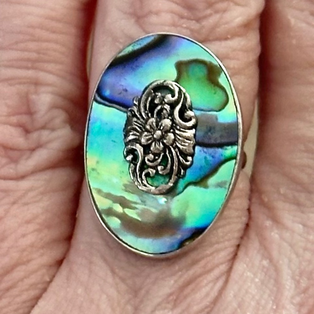 925 Sterling Silver Abalone Shell Floral Statement Ring Size 5 NWOT Boho Gift